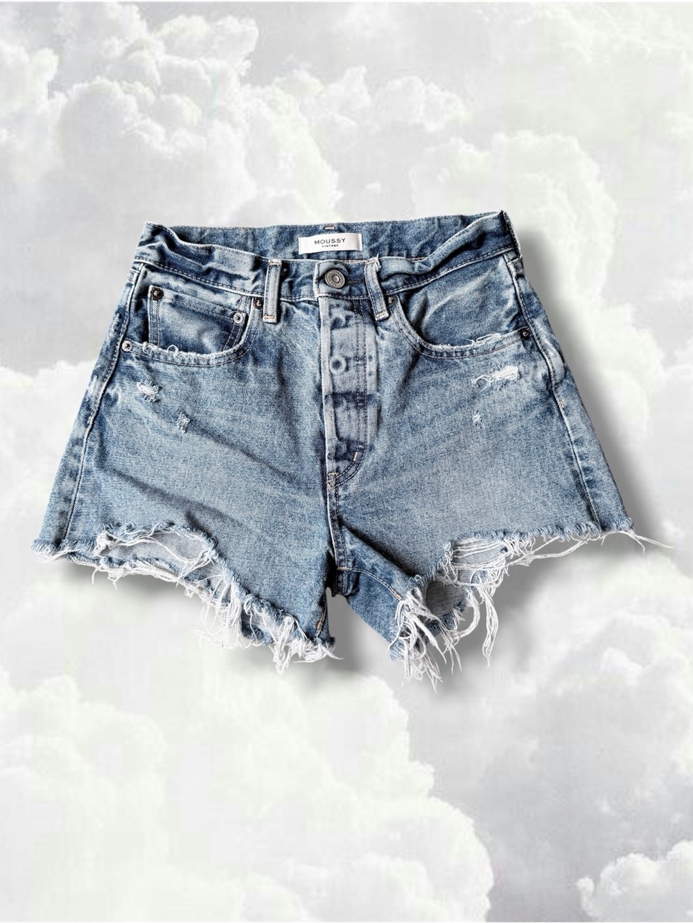 Moussy Vintage Distressed Dark Wash High-Rise Denim Shorts